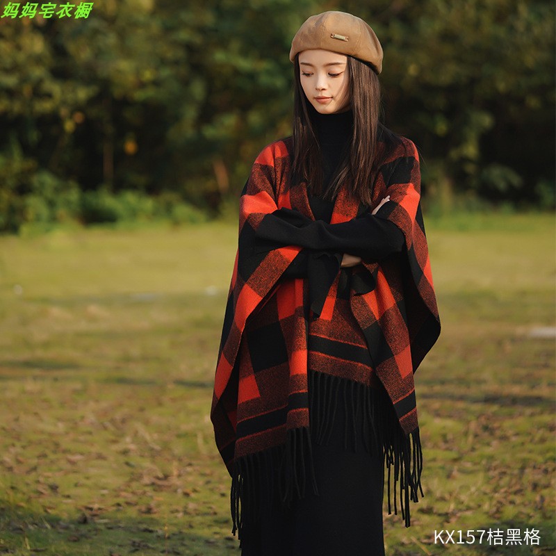 Chaqueta de abrigo de capas de bordas a cuadros franceses de otoño para mujeres con un pequeño chal de lana con una bufalla de abrigo grueso