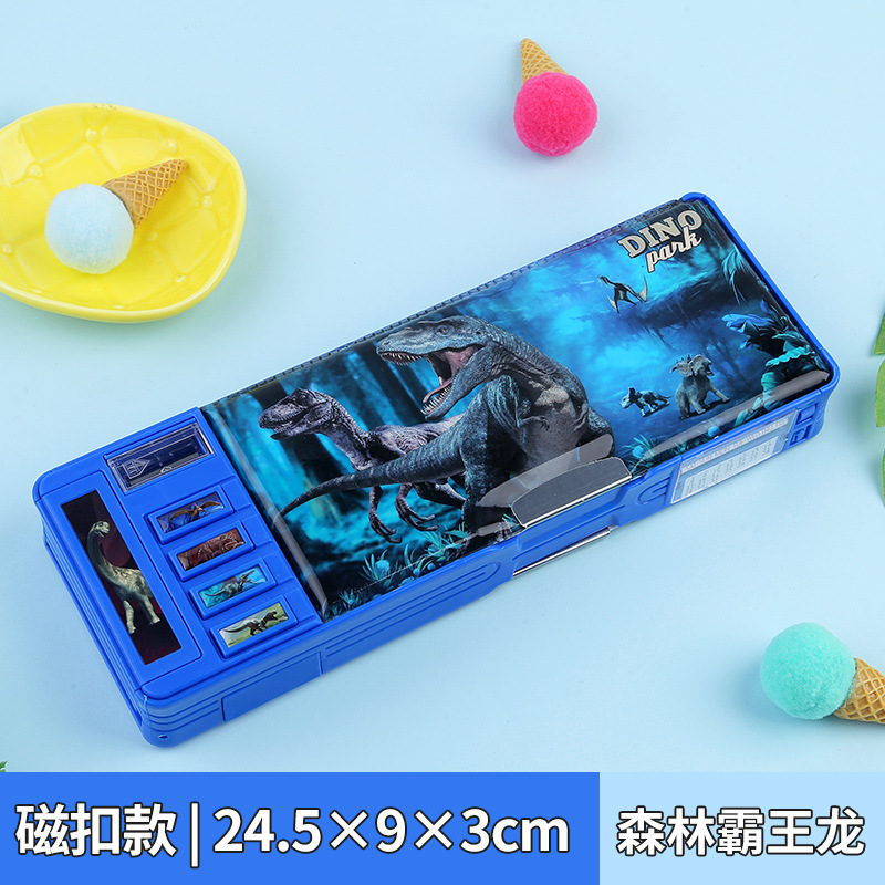 Caja de papelería con bloqueo de contraseña, botón multifunción, caja de lápices de gran capacidad de doble cara, dinosaurio, escuela primaria, niño, niña, jardín de infancia