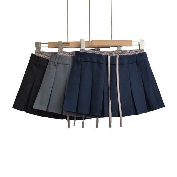 Preppy girly fake two piece waist spliced elastic pleated skirt…