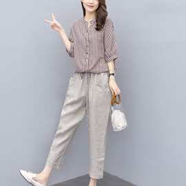 棉麻套装女2022夏装新款女装韩版条纹上衣九分裤休闲两件套套装裤