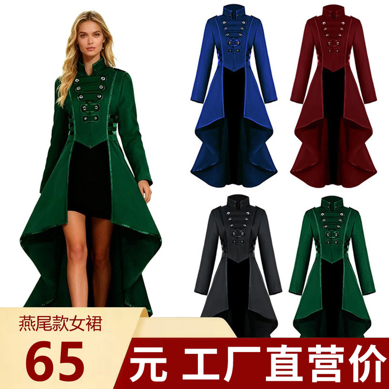 Manzhixin European and American Christmas Medieval Dress Tailcoat Women's Skirt with Lapel Irregular Hem Vintage Long Coat