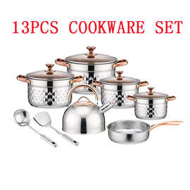 跨境出口新款锅具套装不锈钢加厚炊具钻石锅可视盖cookware set
