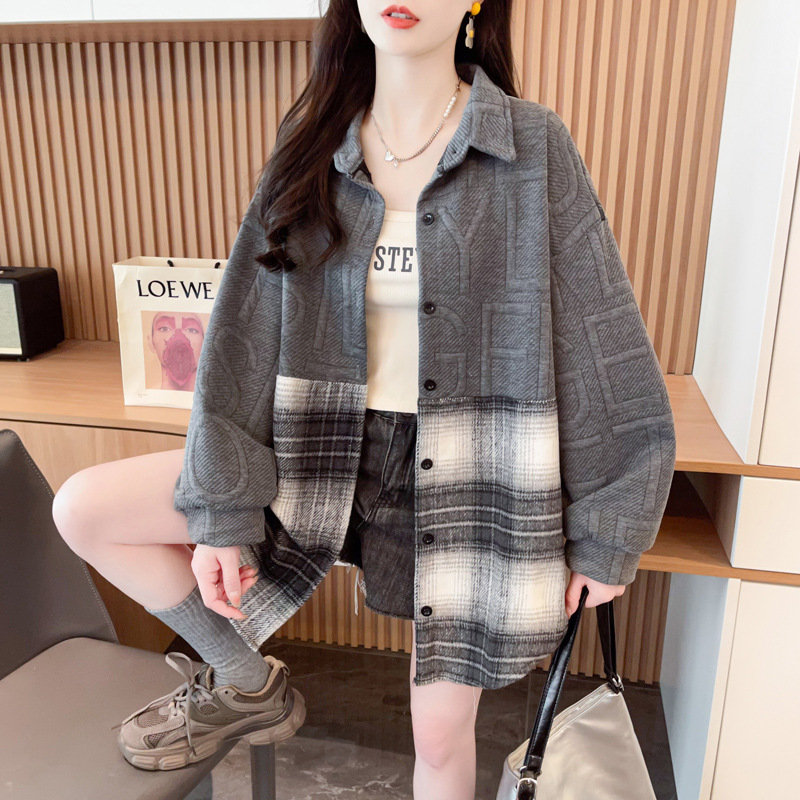拼接衬衫外套女春秋新款韩版宽松中长款开衫复古休闲洋气百搭上衣|undefined