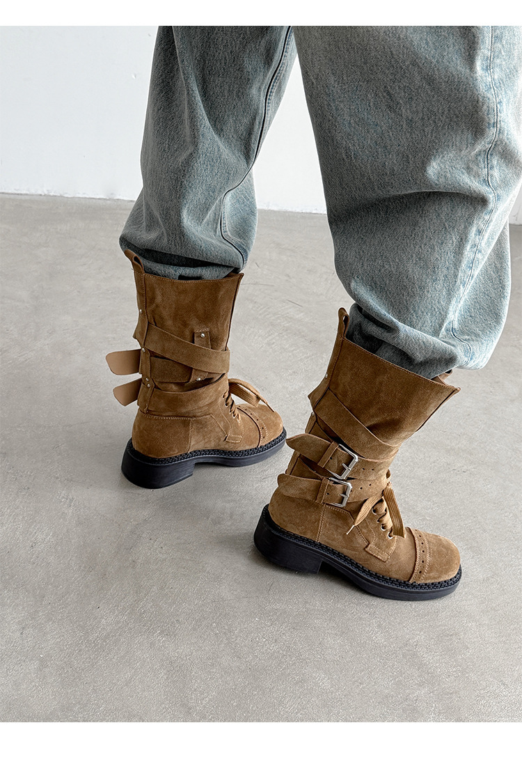 Boot cao bồi cổ trung bình da bò lộn phong cách retro, gót thấp khóa thắt lưng — đen, màu nâu sẫm, kaki chi tiết 18