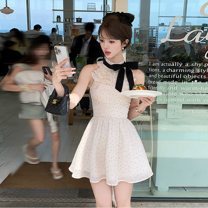 Милое женское миниатюрное платье в горошек во французском стиле, летний шифоновый галстук-бабочка, элегантное утягивающее короткое платье.