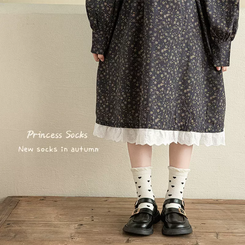 女童袜子棉袜春秋季儿童木耳边中筒袜韩系爱心女孩宝宝公主花边袜