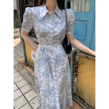 法式优雅翻领水墨画收腰配腰带连衣裙