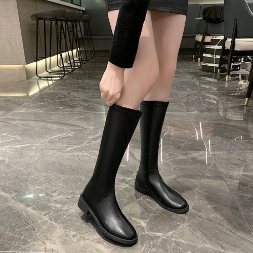 New Korean Style Round-Toe Low-Heel Zipper High-Calf Boots for Women, Martens Boots, Exports, Slim-Fitting Boots, Single Boots, Plus Size