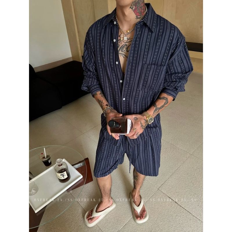 老钱风条纹提花亚麻混纺休闲套装短袖衬衫宽松休闲短裤夏季男装|undefined