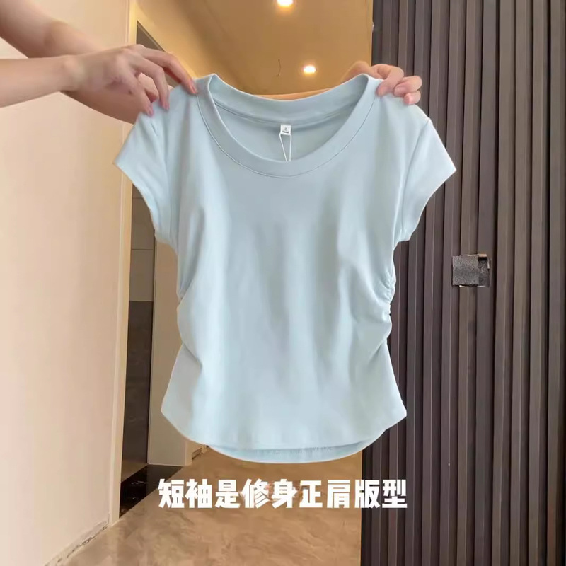 Korean Style Gentle Light Blue Whitening Slimming Look Design Pleated Top Right Shoulder Short Sleeve Women's Summer Simple Versatile T-Shirt
