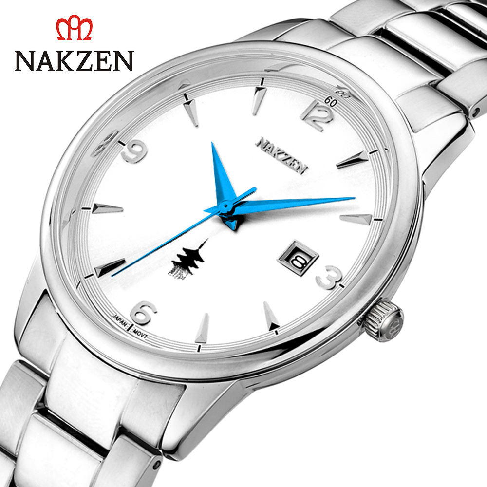 Famosa ciudad antigua NAKZEN1006 nuevo cinturón de acero simple movimiento cuarzo reloj conmemorativo del regalo negocio calendario los hombres