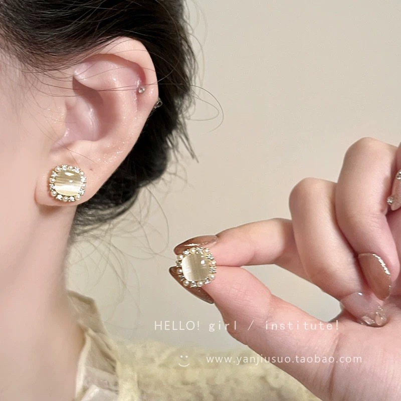 13 # Sugar cube opal pearl rhinestone stud earrings