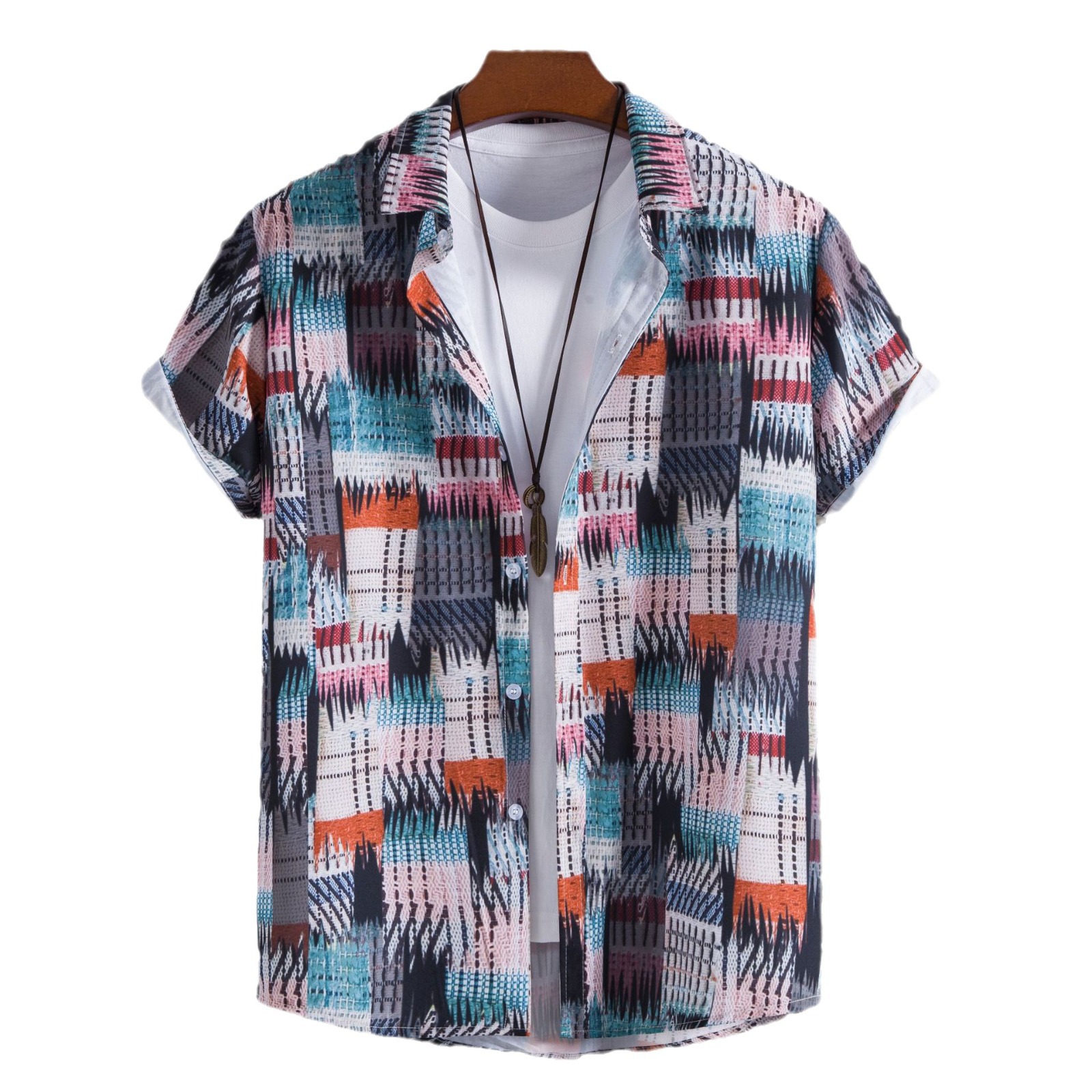 2024 Comercio exterior transfronterizo Amazon AliExpress popular estilo étnico hombres moda Slim impreso manga corta Camisa de los hombres