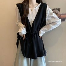 大码女装韩版假两件收腰撞色长袖衬衫夏季胖遮肚子春秋上衣女潮