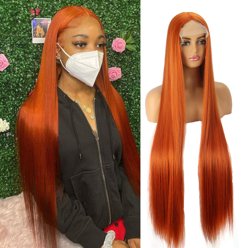 Cross-border Wig European and American Women's Dirty Orange Extended Middle Straight Hair Chemical Fiber Head Cover Front Lace T-shaped Foreign Trade Wig