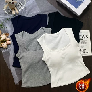 秋冬磨毛方领遮副乳宽肩背心 女外穿吊带带胸垫 短款打底显瘦上衣