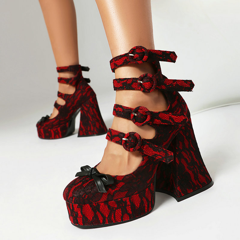 Mary Jane Women's Shoes Lolita Spring & Fall New Lace Cute Bow Cut Out Buckle One-Strap High Heels
