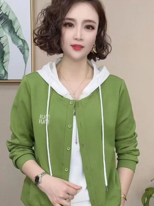 啄木鸟春秋时尚女假两件连帽卫衣女士洋气休闲妈妈装长袖开衫上衣|undefined