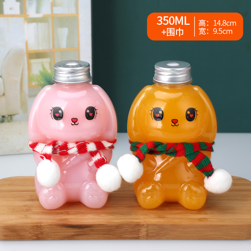 Lindo conejito de dibujos animados leche té botella PET plástico para llevar leche té taza 500ml botella de bebida desechable