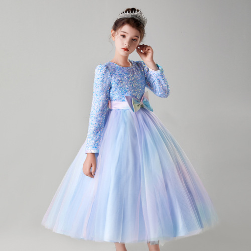 Little Girl Formal Dress with Long Sleeve and Gradient Hem, Princess Dress with Net Fabric and Full Skirt, Sweet Christmas Host Program Long Dress