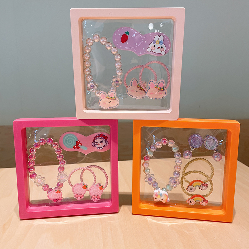 Children's Cartoon Princess Beaded Bracelet Set Cute Baby Hairpin Rubber Tendon Earrings Jewelry Gift Box Girls' Accessories