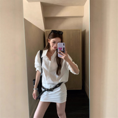 实拍 2025秋季条纹序曲白色长袖衬衫连衣裙女夏修身短款包臀裙子