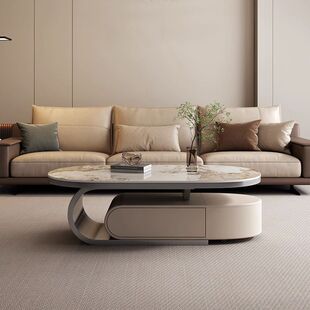 Italian Light Luxury Rock Board Coffee Table Modern Simple Living Room Home Oval Multi-Functional Telescopic High-Level Coffee Table