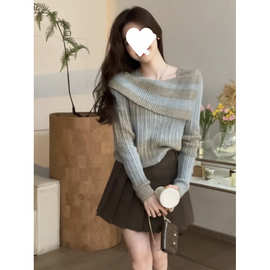 秋季撞色渐变设计感一字领毛衣女气质假两件针织上衣