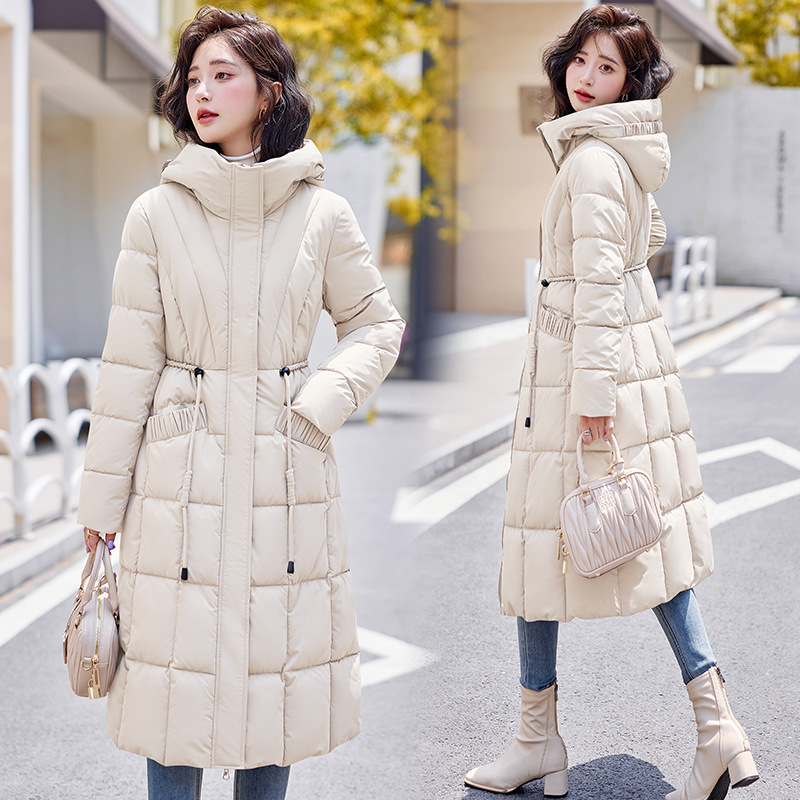 Algodón ropa de algodón mujer rodilla larga delgada temperamento de moda encapuchado otoño y invierno nuevo cinturón elegante chaqueta de algodón image 4