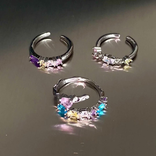 Ring for Women, Light Luxury, Unconventional Design, High-End, Unique, Colorful Zirconia, Sweet and Cool, Contrast Colors, Dreamy Rainbow Open Finger Ring