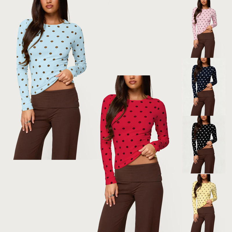 Cross-Border Amazon European and American Export Women's Polka Dot Slim Round Neck Long-Sleeved Top Polka Dot T-Shirt Comfortable and Casual