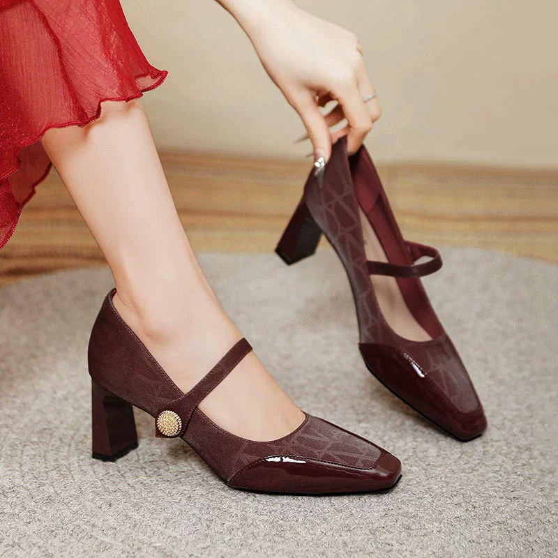 Xiao Xiangfeng обувь Mary Jen с туфлями на высоких каблуках на толстом каблуке красные свадебные туфли 2025 новый французский квадратный туфли