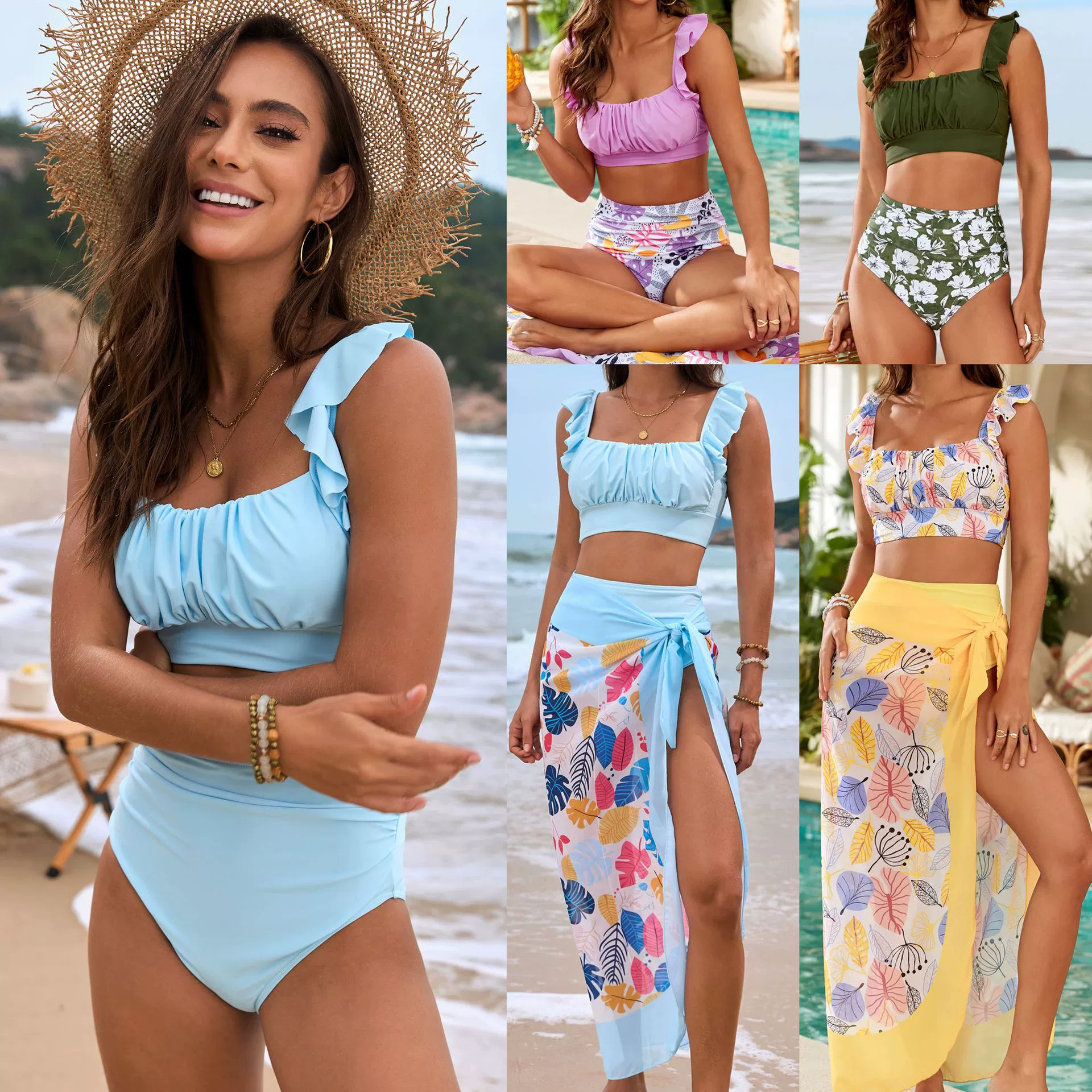 2025 новый купальник с летающими листьями лотоса набор бикини из трех частей внешней торговли купальник трансграничное разделенные бикини