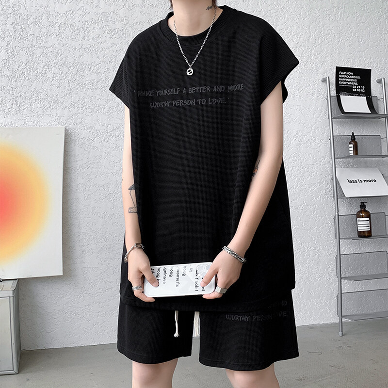 Summer New Large Size Men's Sportswear Suit Waffle Sleeveless Vest T-Shirt Versatile Casual