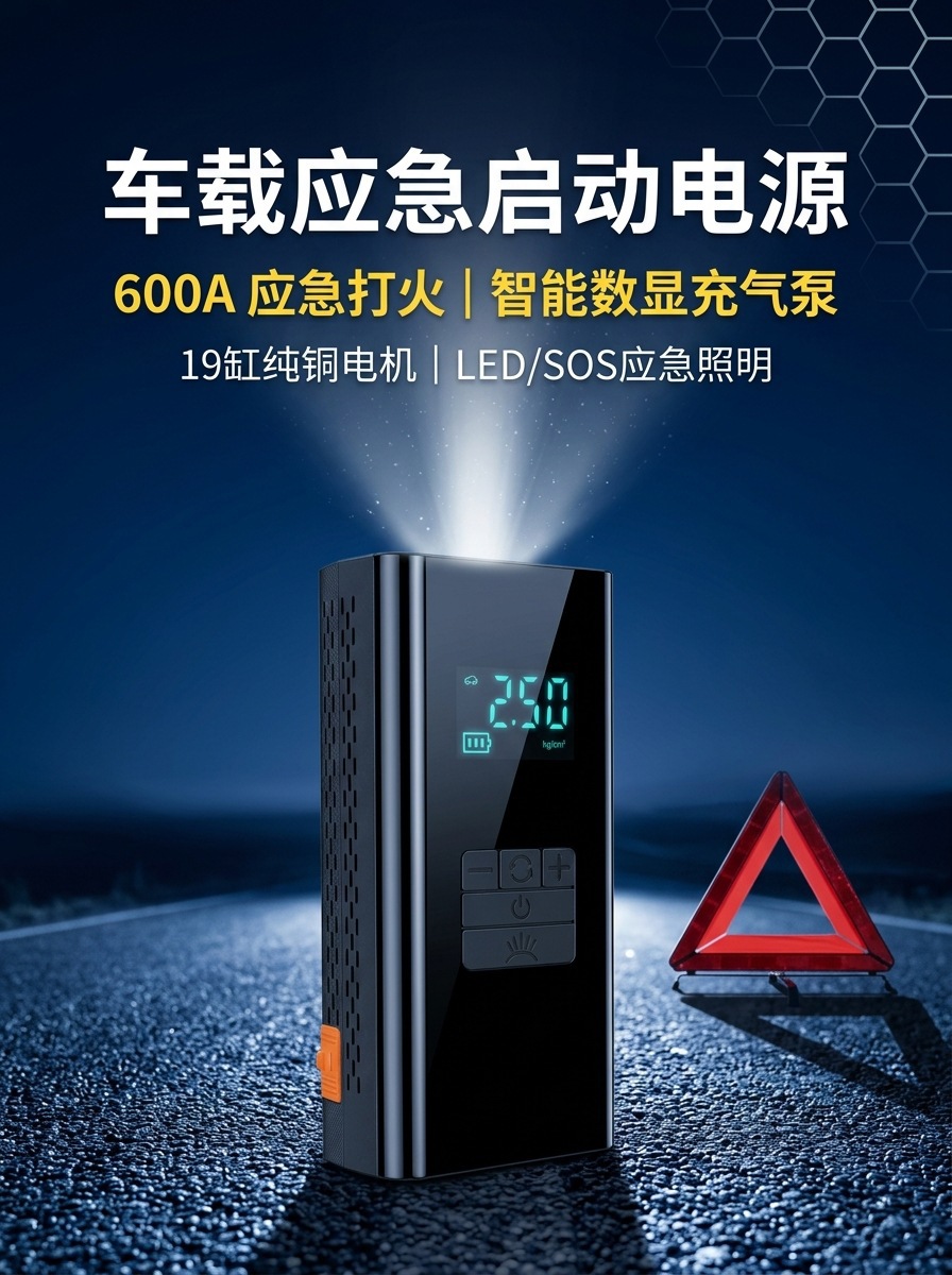 Car emergency starting power supply, vehicle-mounted air pump, battery jump starter, large-capacity tire inflator, fully certified for cross-border use