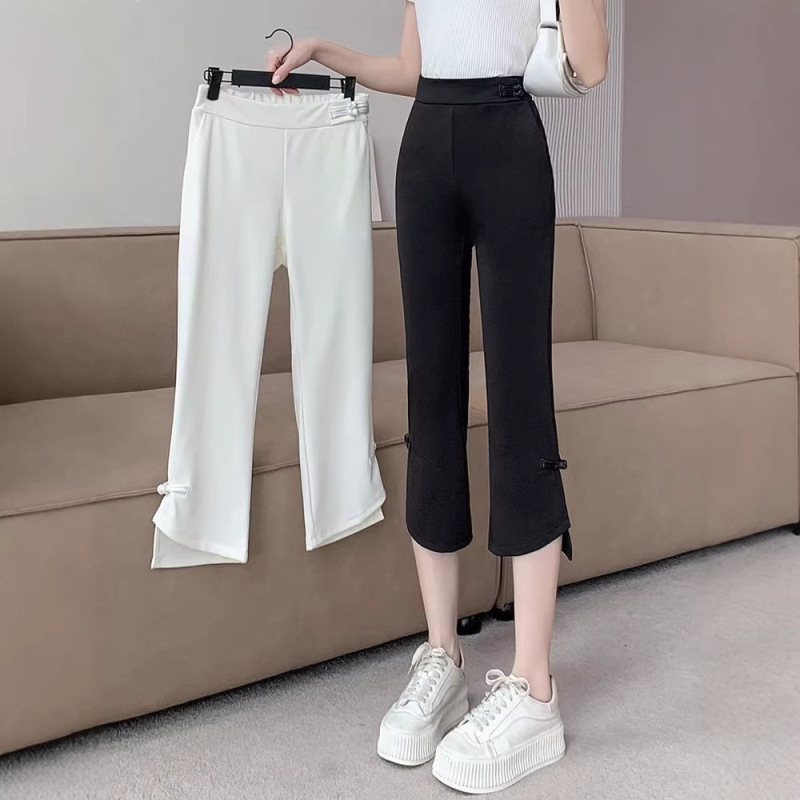 National Style Micro-Flared Pants for Women, Summer Thin Slim-Fit Plus-Size Cropped Casual Straight-Leg Suit Pants, Sports Wide-Leg Pants