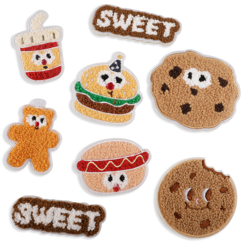 草莓原创毛巾绣食玩汉堡薯条刺绣贴雪尼尔辅料自粘胶补丁贴布贴