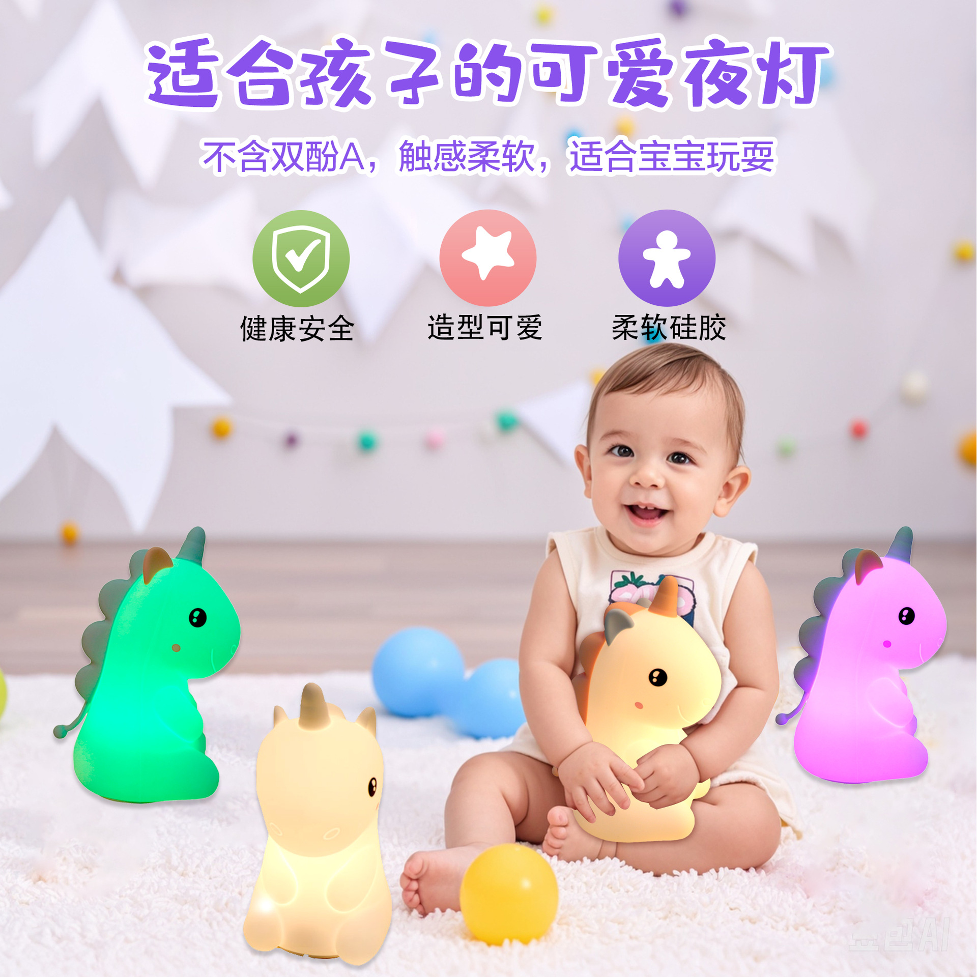 Unicornio infantil transfronterizo luces nocturnas juguetes luces de silicona cabecera de la cama regalos de cumpleaños creativos