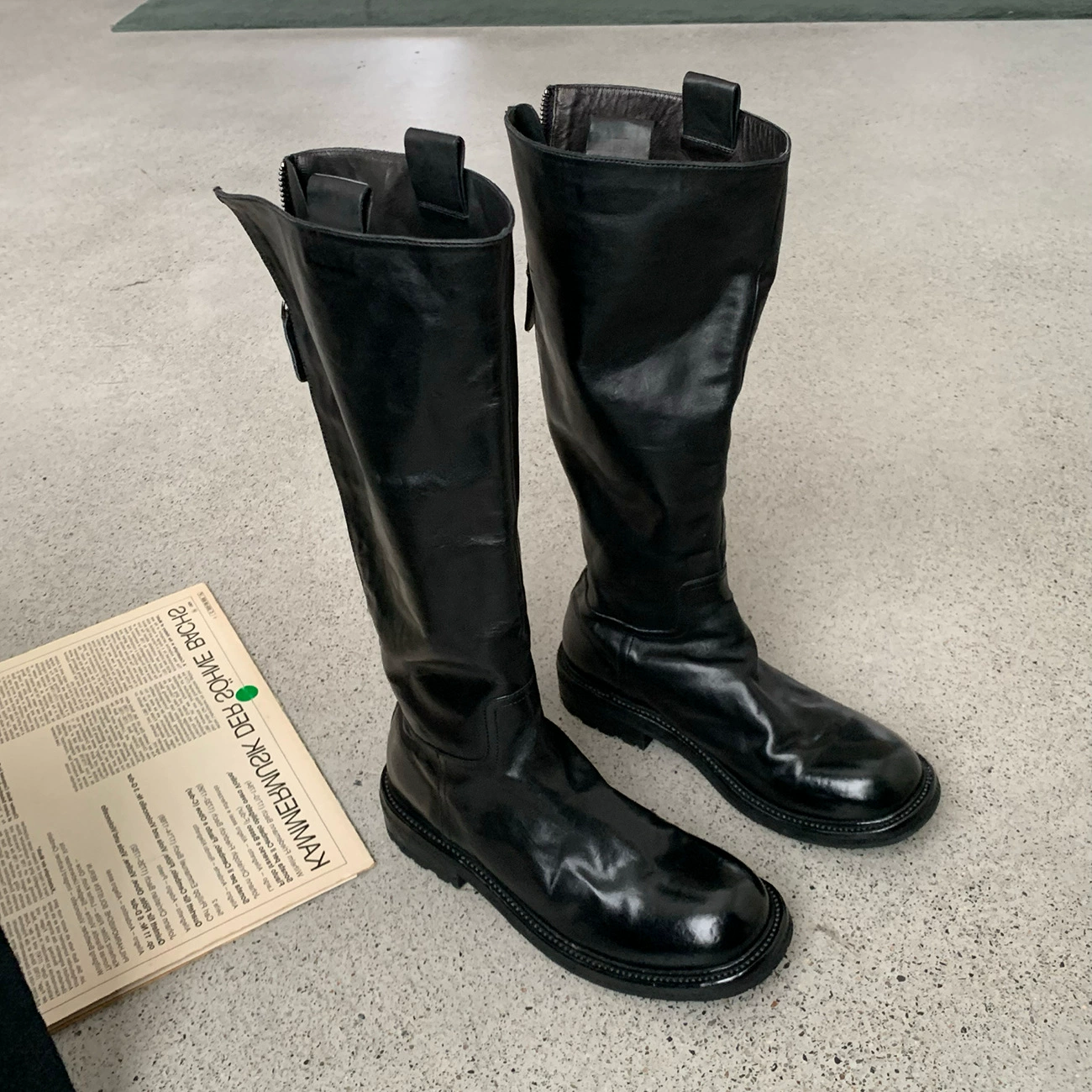 Retro black high boots English style, genuine leather