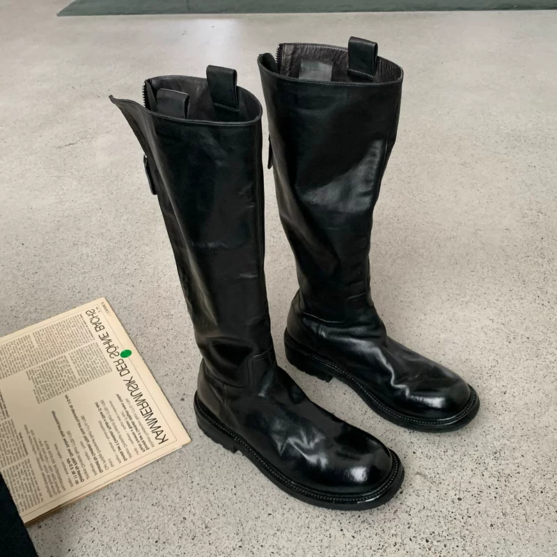 Retro black high boots English style, genuine leather