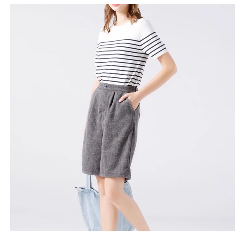 夏季黑白撞色条纹针织衫圆领休闲打底衫简约白色短袖t恤上衣女 pic 14