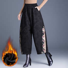 中年妈妈风绣花时尚提花长裤2025冬装高腰加绒加厚保暖裤哈伦裤女