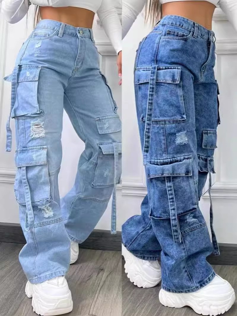 Women's High-Waisted Washed Retro Jeans Multi-Pocket Casual Cargo Pants For Foreign Trade Cross-Border Europe And America_ecoleips.com