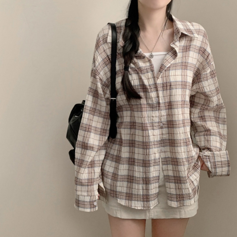 Korean Style Chic Spring and Autumn Retro Versatile Oversized Design Casual Pleated Plaid Shirt Jacket for Women