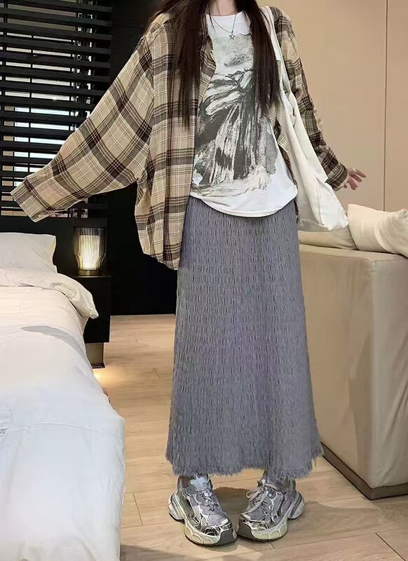 秋の新韓国スタイルプリーツドレープハイウエスト多用途ファッショナブルなストレートローエッジAラインスカート女性用|undefined