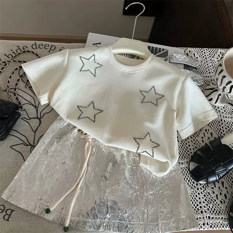 清仓不退不换【理性下单】女童星星烫钻短袖T恤+新中式半身裙