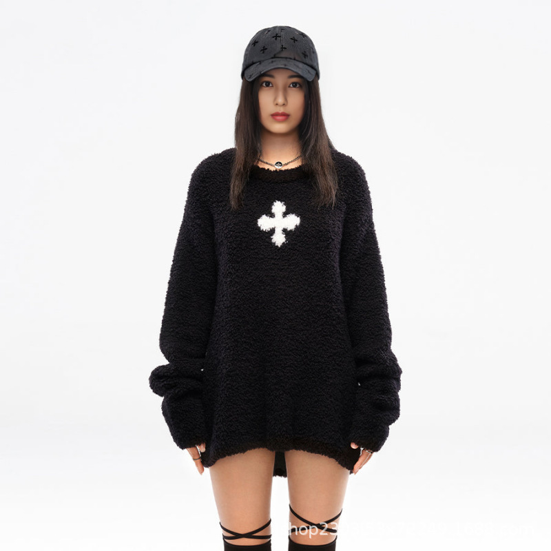 Smfk Cross Flower Wool Knitwear Yu Wenwen's Same Style Jacquard Loose Pullover Knitwear