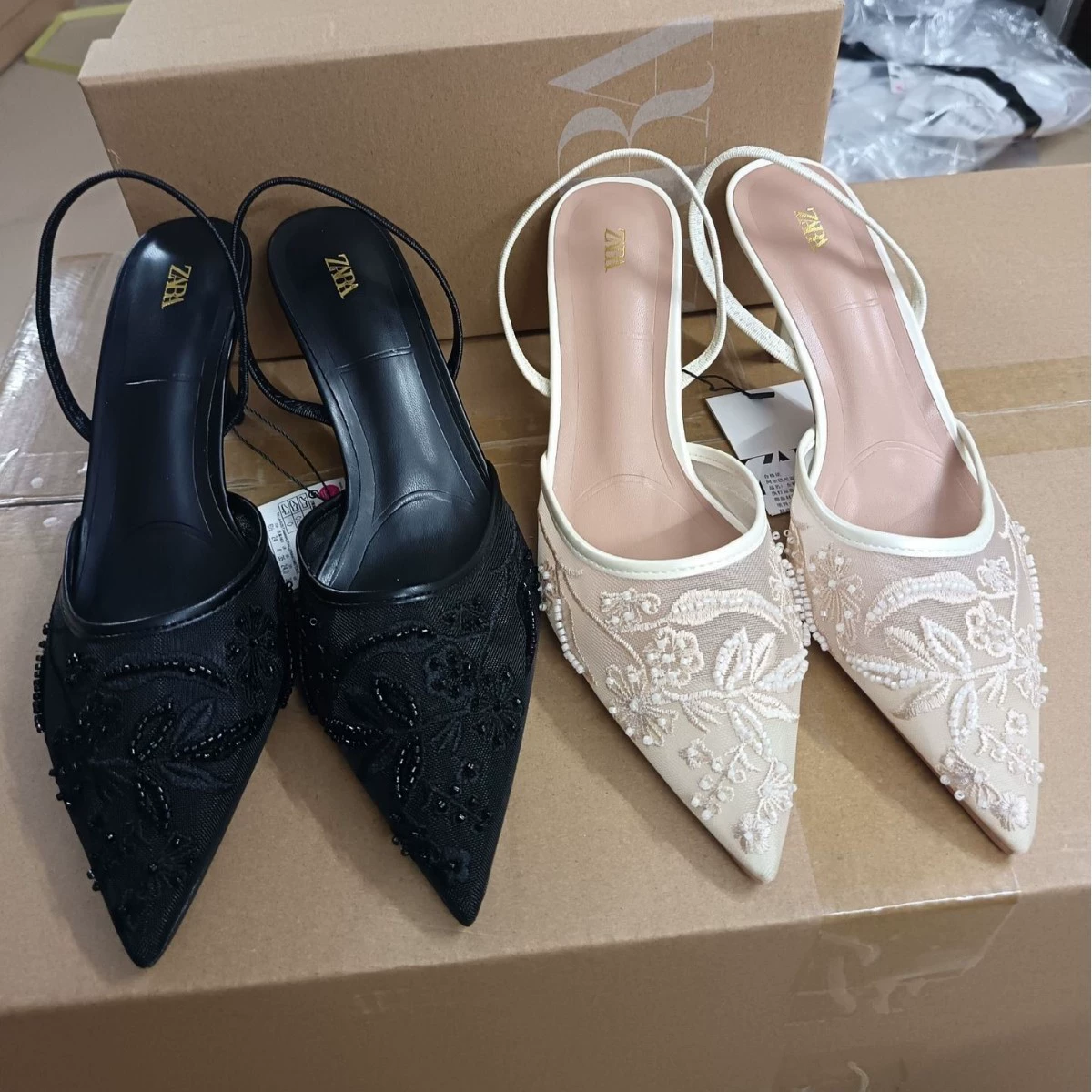 Прямые продажи от фабрики ZA: 25 новых элегантных босоножек на шпильке с ремешком на щиколотке, заостренным носком, вышивкой и бисером, из сетчатой ткани для женщин.