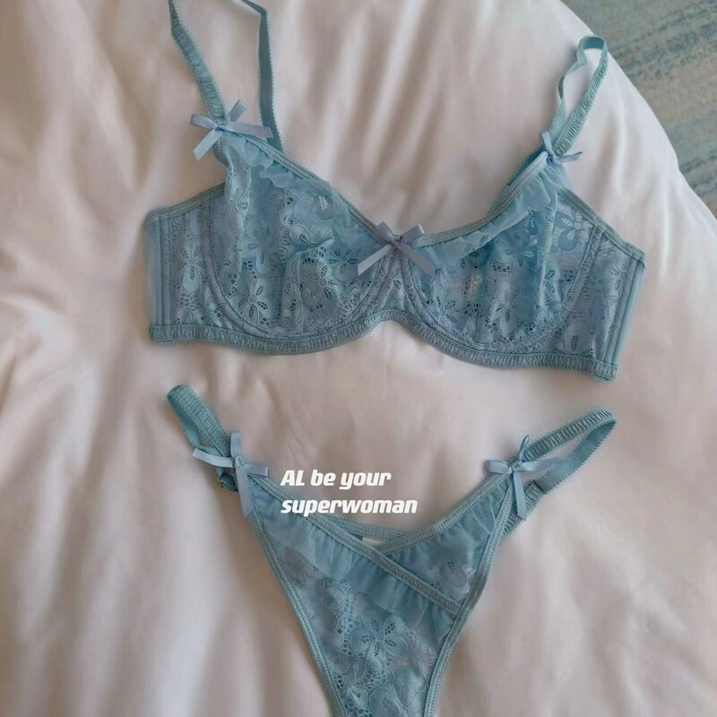 New Romantic and Beautiful Ear-Rimmed Lace Bra Thong Bow Sexy Underwear Set for Women