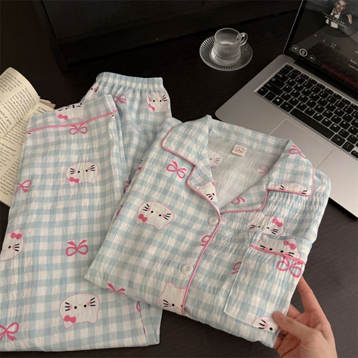 Al por mayor transfronterizo nuevo pijama de mujer pantalones de manga larga nubes de algodón lindos dibujos animados estudiantes cardigan con solapa cubierta de ropa para el hogar